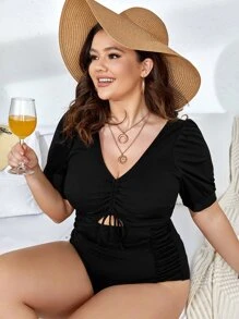 Swim Lushoire Summer Beach Plus Ruched Cut Out Drawstring Front One Piece Swimsuit - Black - View 5