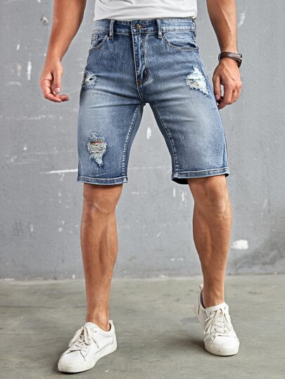 Pantalones cortos vaqueros para hombres desgastados, desgarrados y teñidos con lejía