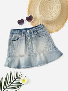 Toddler Girls Washed Ruffle Hem Denim Skirt - Light Wash - View 1