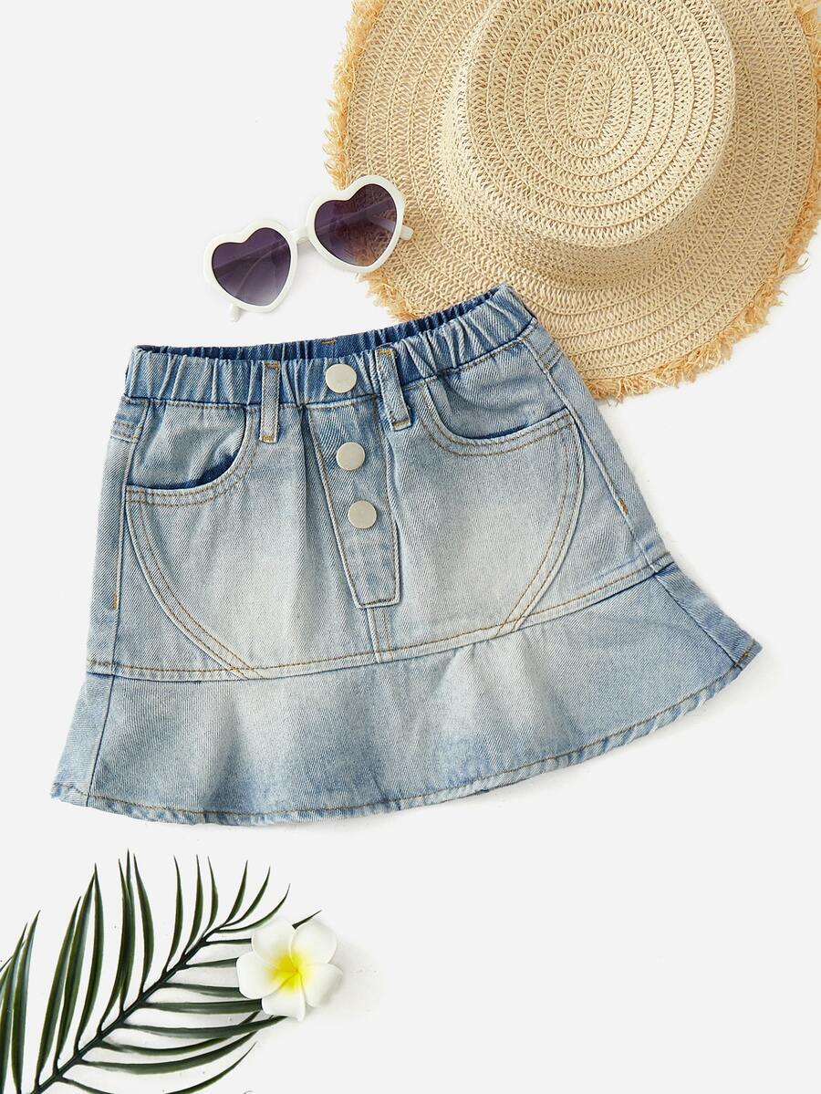 Toddler Girls Washed Ruffle Hem Denim Skirt - Light Wash - View 1