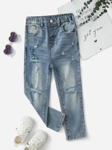 Toddler Boys Ripped Frayed Bleach Wash Jeans - Light Wash - View 1