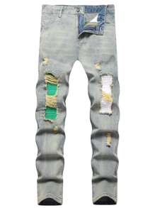 Men Ripped Frayed Rag Stitching Jeans - Light Wash - View 1