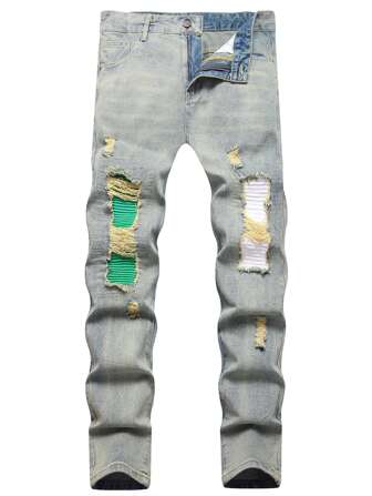 Jeans Uomo Con Strappi, Orlatura Sfilacciata E Cuciture
