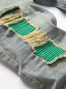 Men Ripped Frayed Rag Stitching Jeans - Light Wash - View 5