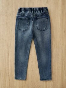 小男童滑板刺繡牛仔褲 - 深色水洗藍 - 查看 2