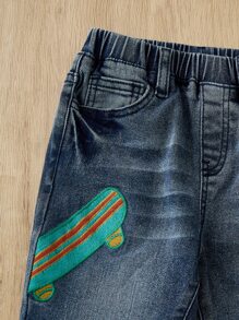 小男童滑板刺繡牛仔褲 - 深色水洗藍 - 查看 4