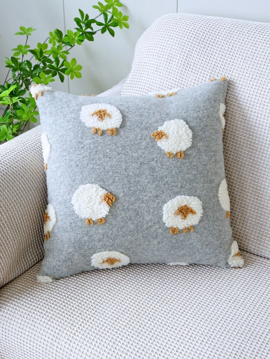 1pc Sheep Pattern Cushion Cover, Modern Flannelette Decorative Throw Pillow Case For Home, All Season - Grey - View 1
