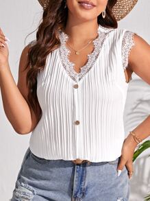 SHEIN Frenchy Plus Eyelash Lace Trim Button Front Tank Top - White - View 3