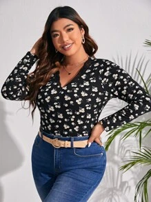 Plus Ditsy Floral Print Guipure Lace Trim Tee - Multicolor - View 5