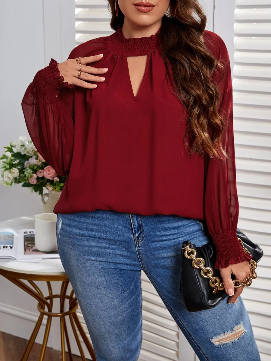 SHEIN Clasi Plus Keyhole Neckline Raglan Sleeve Blouse - Burgundy - View 1