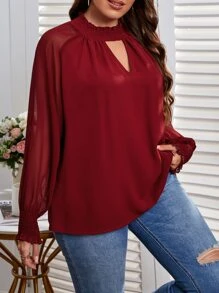 SHEIN Clasi Plus Keyhole Neckline Raglan Sleeve Blouse - Burgundy - View 3