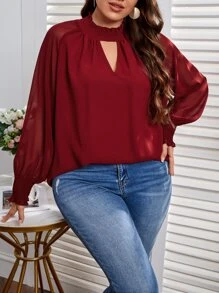 SHEIN Clasi Plus Keyhole Neckline Raglan Sleeve Blouse - Burgundy - View 4