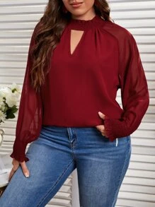 SHEIN Clasi Plus Keyhole Neckline Raglan Sleeve Blouse - Burgundy - View 5