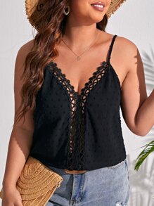 SHEIN Frenchy Plus Swiss Dot 凸纹蕾丝拼接夏季波西米亚风吊带背心 - 黑色 - 查看 3