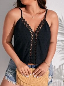 SHEIN Frenchy Plus Swiss Dot 凸纹蕾丝拼接夏季波西米亚风吊带背心 - 黑色 - 查看 4