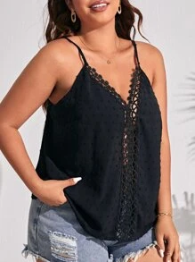 SHEIN Frenchy Plus Swiss Dot 凸纹蕾丝拼接夏季波西米亚风吊带背心 - 黑色 - 查看 5