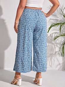 Plus Ditsy Floral Print Split Thigh Wide Leg Trousers - Blue and White - View 2