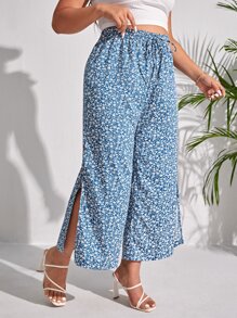Plus Ditsy Floral Print Split Thigh Wide Leg Trousers - Blue and White - View 4