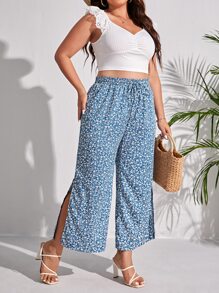 Plus Ditsy Floral Print Split Thigh Wide Leg Trousers - Blue and White - View 5