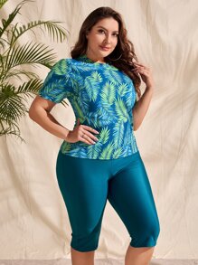 Swim Mulvari Summer Beach Plus Tropical Print Tankini Set Short Sleeve Swim Shirt & Shorts & Cover Up Skirt 3 Piece Bathing Suit