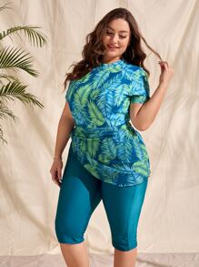 Swim Mulvari Summer Beach Plus Tropical Print Tankini Set Short Sleeve Swim Shirt & Shorts & Cover Up Skirt 3 Piece Bathing Suit