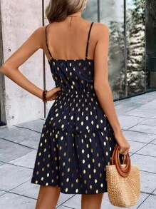 SHEIN Clasi Gold Dot Print Ruffle Hem Cami Dress - Navy Blue - View 2