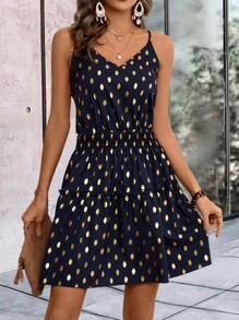 SHEIN Clasi Gold Dot Print Ruffle Hem Cami Dress - Navy Blue - View 3
