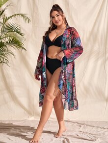 大碼熱帶圖案深V領和服罩衫 - 彩色 - 查看 3