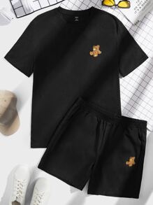 Manfinity VCAY 男士熊貼布T恤和斜口袋短褲 - 黑色 - 查看 1