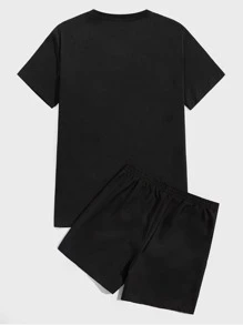 Manfinity VCAY 男士熊貼布T恤和斜口袋短褲 - 黑色 - 查看 2