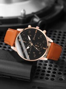 1入組男士圓形指針石英手錶和1入組手環 - 棕色 - 查看 3