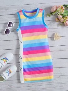 SHEIN Girls Letter Graphic Striped Colourblock Tank Dress - Multicolor - View 1
