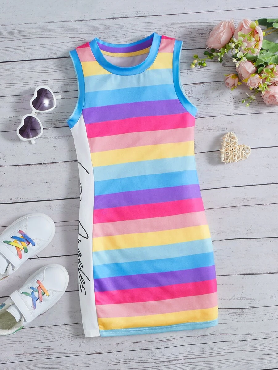 SHEIN Girls Letter Graphic Striped Colourblock Tank Dress - Multicolor - View 1