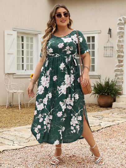 Nemidor 大碼印花高衩繫腰帶連衣裙