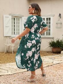 Nemidor Plus Floral Print Split Thigh Belted Dress