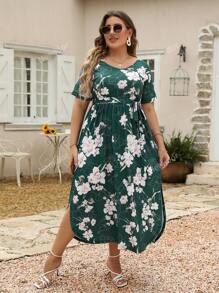 Nemidor Plus Floral Print Split Thigh Belted Dress