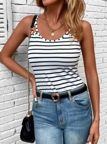 SHEIN LUNE 条纹印花蕾丝嵌件吊带背心 图案 T 恤 女式上衣 - 黑與白 - 查看 6