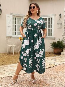 Nemidor Plus Floral Print Split Thigh Belted Dress