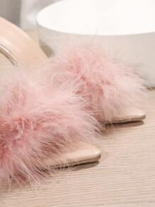 Women Fluffy Decor Stiletto Heeled Mule Sandals, Glamorous Party Heeled Sandals - Pink - View 4