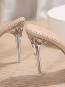 Women Fluffy Decor Stiletto Heeled Mule Sandals, Glamorous Party Heeled Sandals - Pink - View 3
