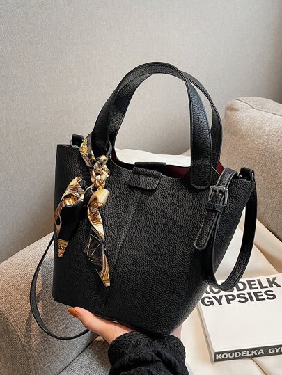 Fashion Retro Bucket Bag With Scarf Decor, Minimalist Commuter Shoulder Bag, Solid Color Dual-Pocket Handbag For Women