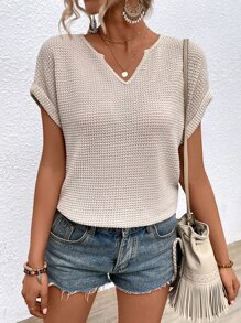 SHEIN LUNE Waffle Knit Batwing Sleeve Notched Neckline Tee - Apricot - View 3