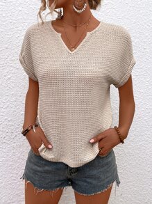 SHEIN LUNE Waffle Knit Batwing Sleeve Notched Neckline Tee - Apricot - View 4