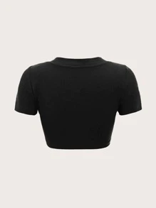 SHEIN EZwear 夏季裝搭實色肋編短款上衣 - 黑色 - 查看 3