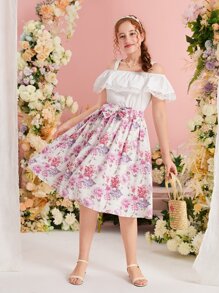 SHEIN Leap Crew 青少年女孩挖肩上衣和印花蝴蝶結細節半身裙 - 白色 - 查看 2