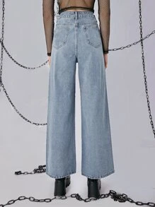 ROMWE Grunge Punk Letter Graphic Wide Leg Jeans - Blue - View 6