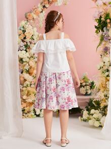 SHEIN Leap Crew 青少年女孩挖肩上衣和印花蝴蝶結細節半身裙 - 白色 - 查看 3