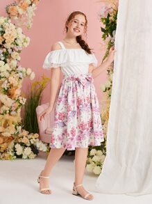 SHEIN Leap Crew 青少年女孩挖肩上衣和印花蝴蝶結細節半身裙 - 白色 - 查看 4
