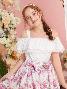 SHEIN Leap Crew 青少年女孩挖肩上衣和印花蝴蝶結細節半身裙 - 白色 - 查看 5