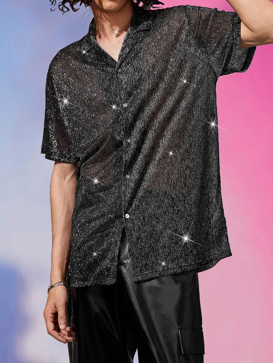 Manfinity Men Glitter Button Front Shirt - Black - View 1